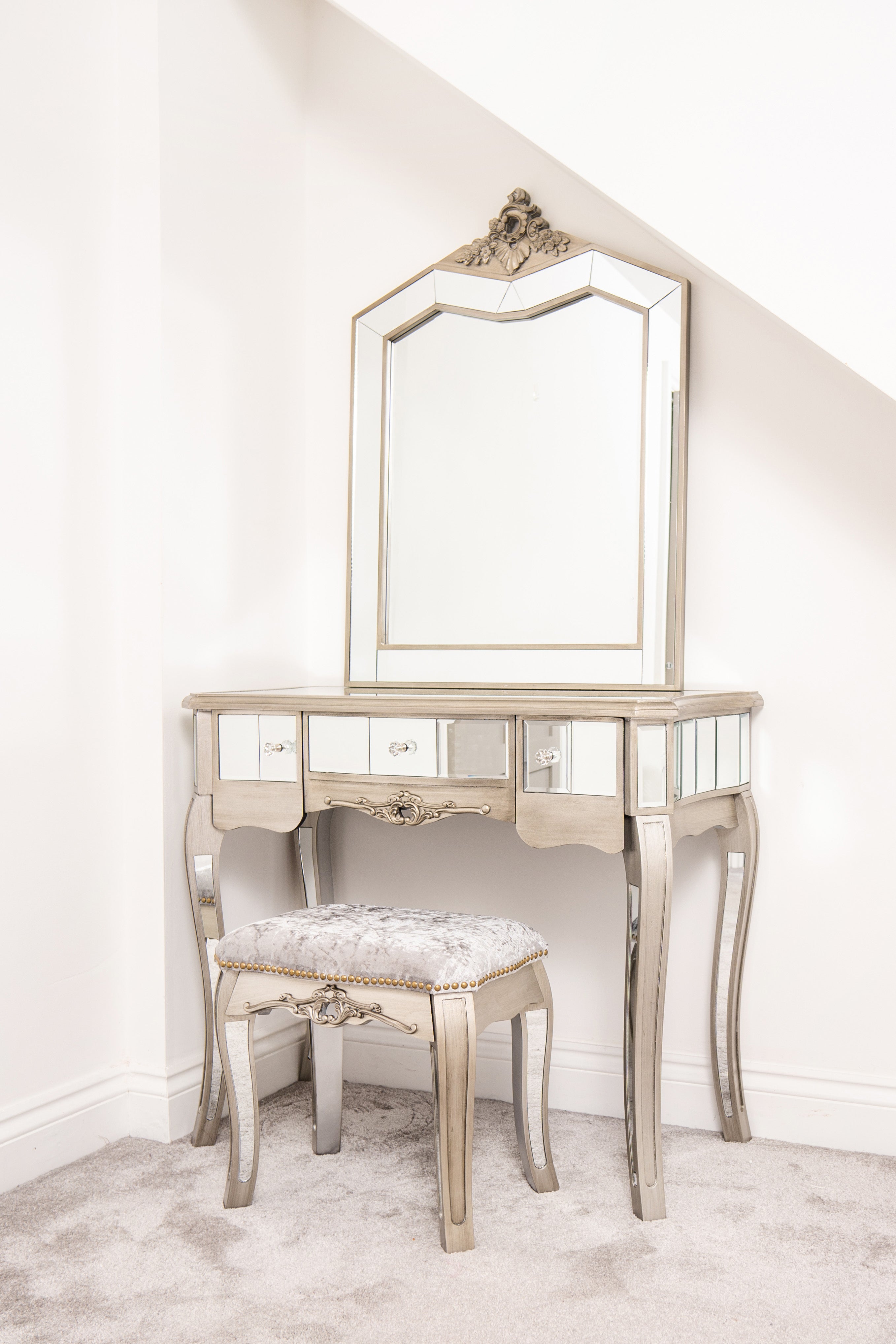 Florence Ornate Silver Mirrored Vanity 3 Drawer Dressing Table- Stool & Mirror Tiffany Set