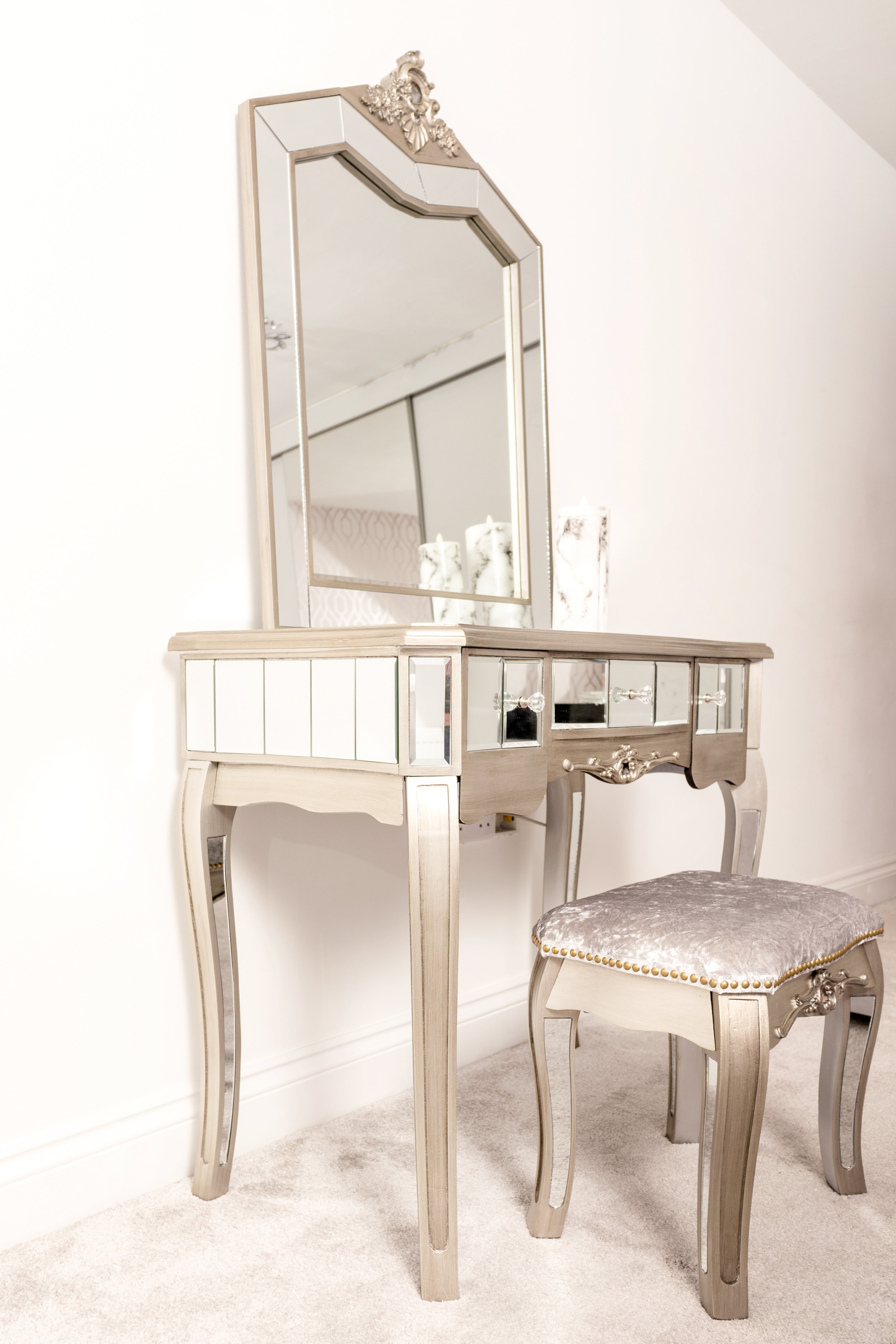 Florence Ornate Silver Mirrored Vanity 3 Drawer Dressing Table- Stool & Mirror Tiffany Set