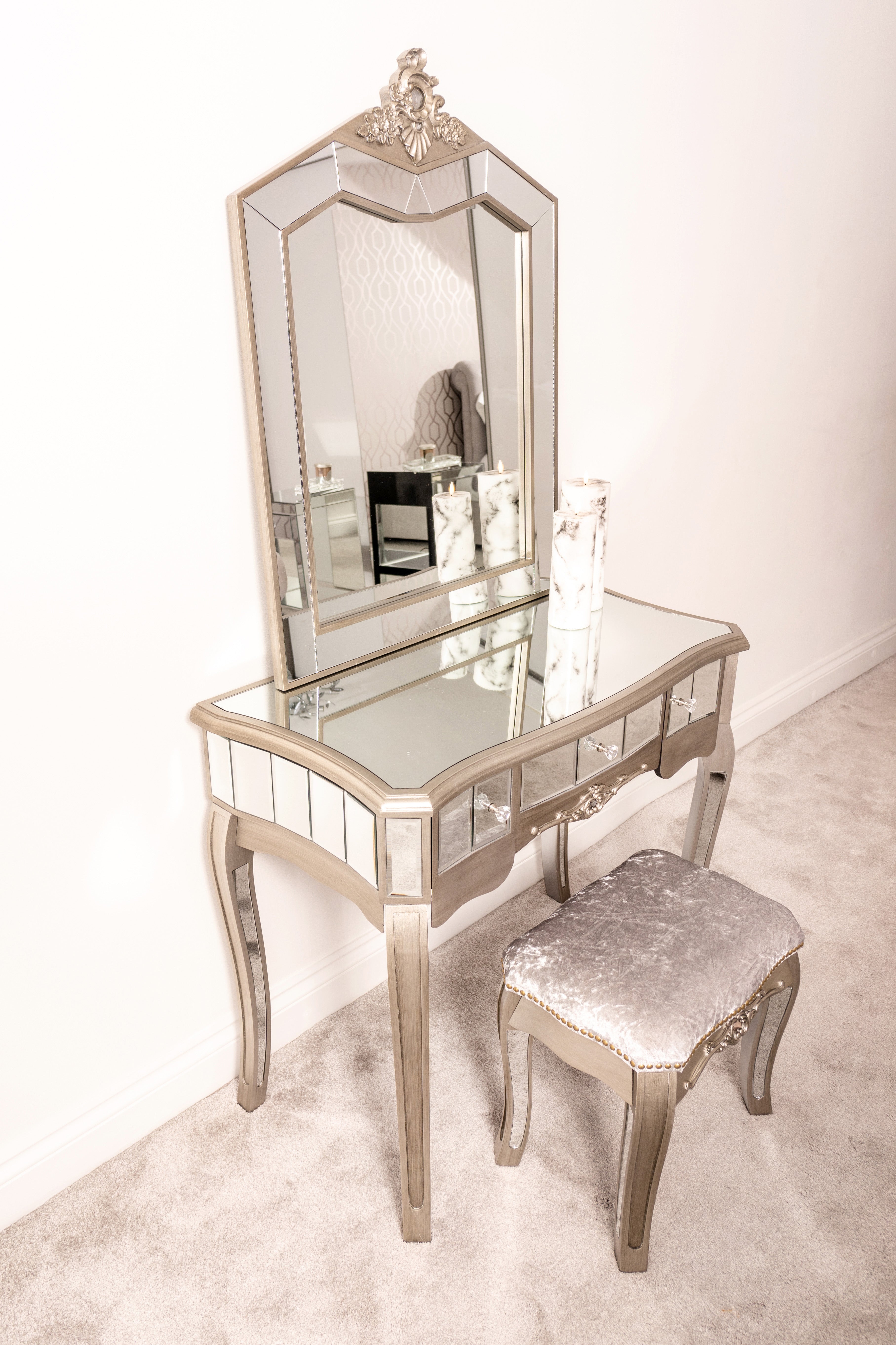 Florence Ornate Silver Mirrored Vanity 3 Drawer Dressing Table- Stool & Mirror Tiffany Set