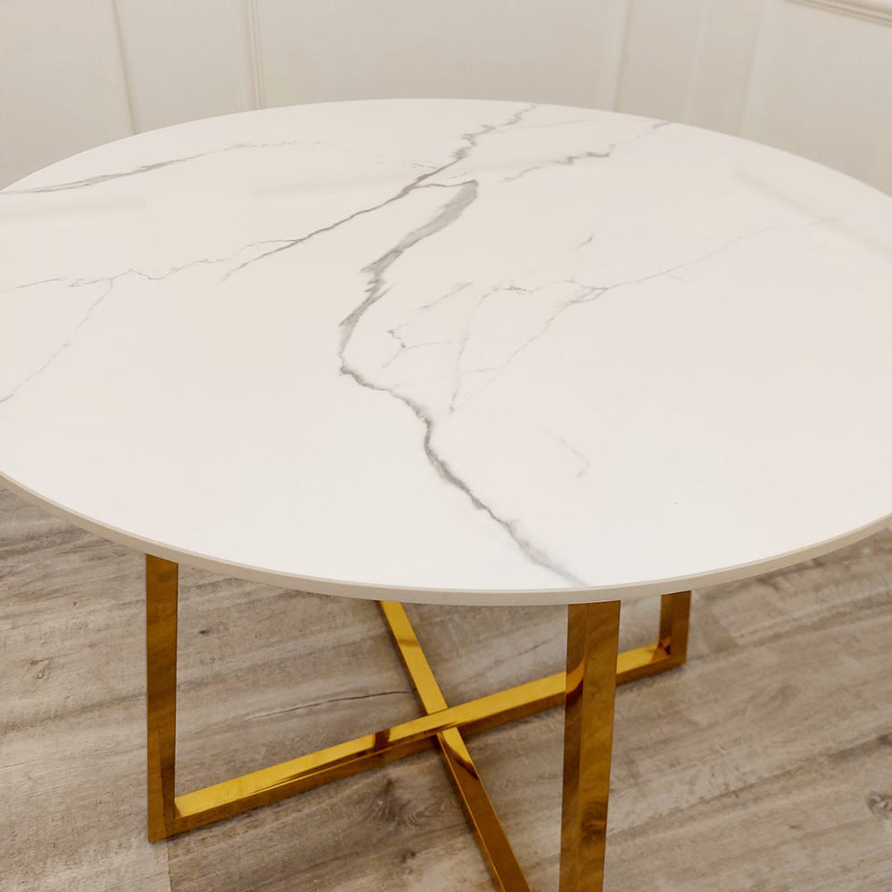 Juno Gold 90cm Round Dining Table with Polar White Sintered Stone Top