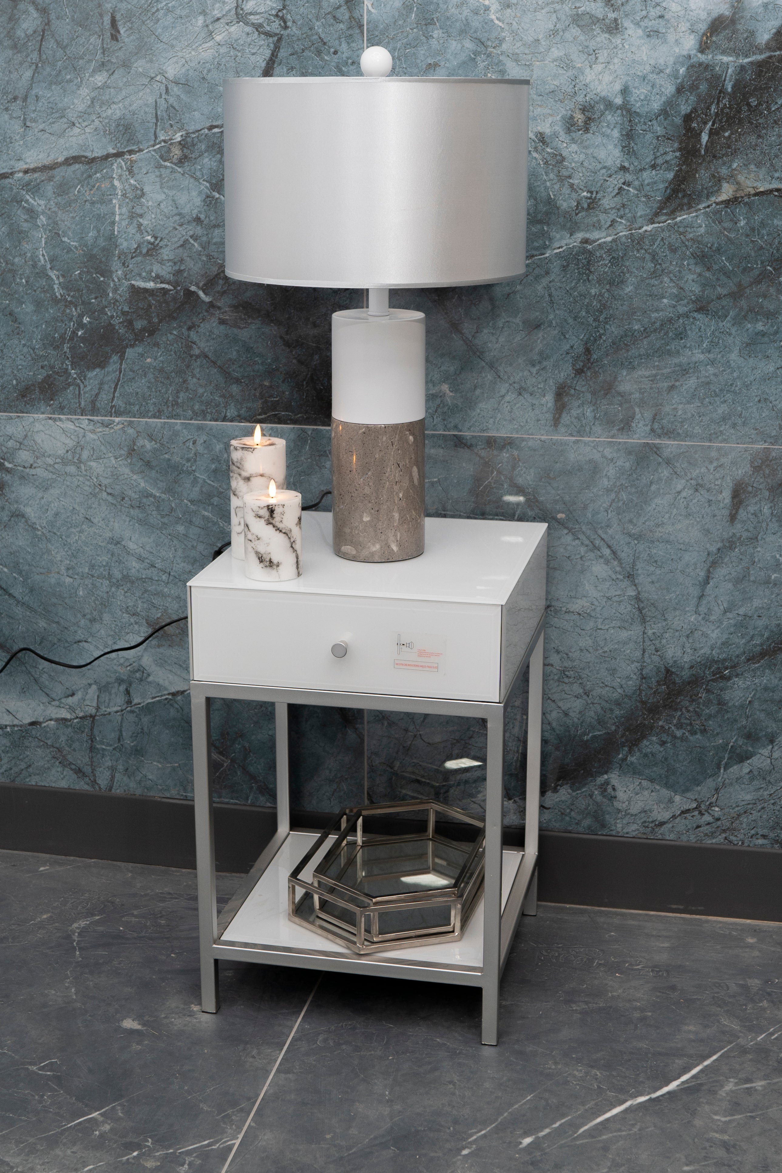 Monaco White & Silver Luxury Bedside Table