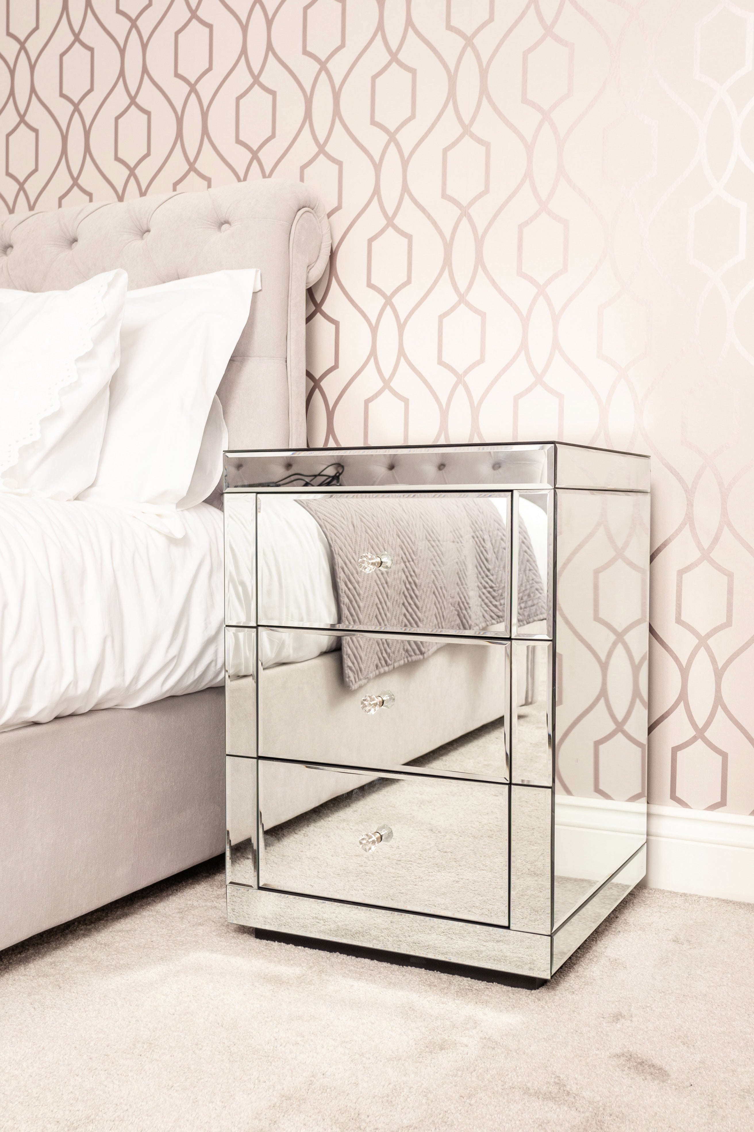 Paris 3 Drawer Silver Mirrored Bedside Table- Lucia Range- Ready Assembled