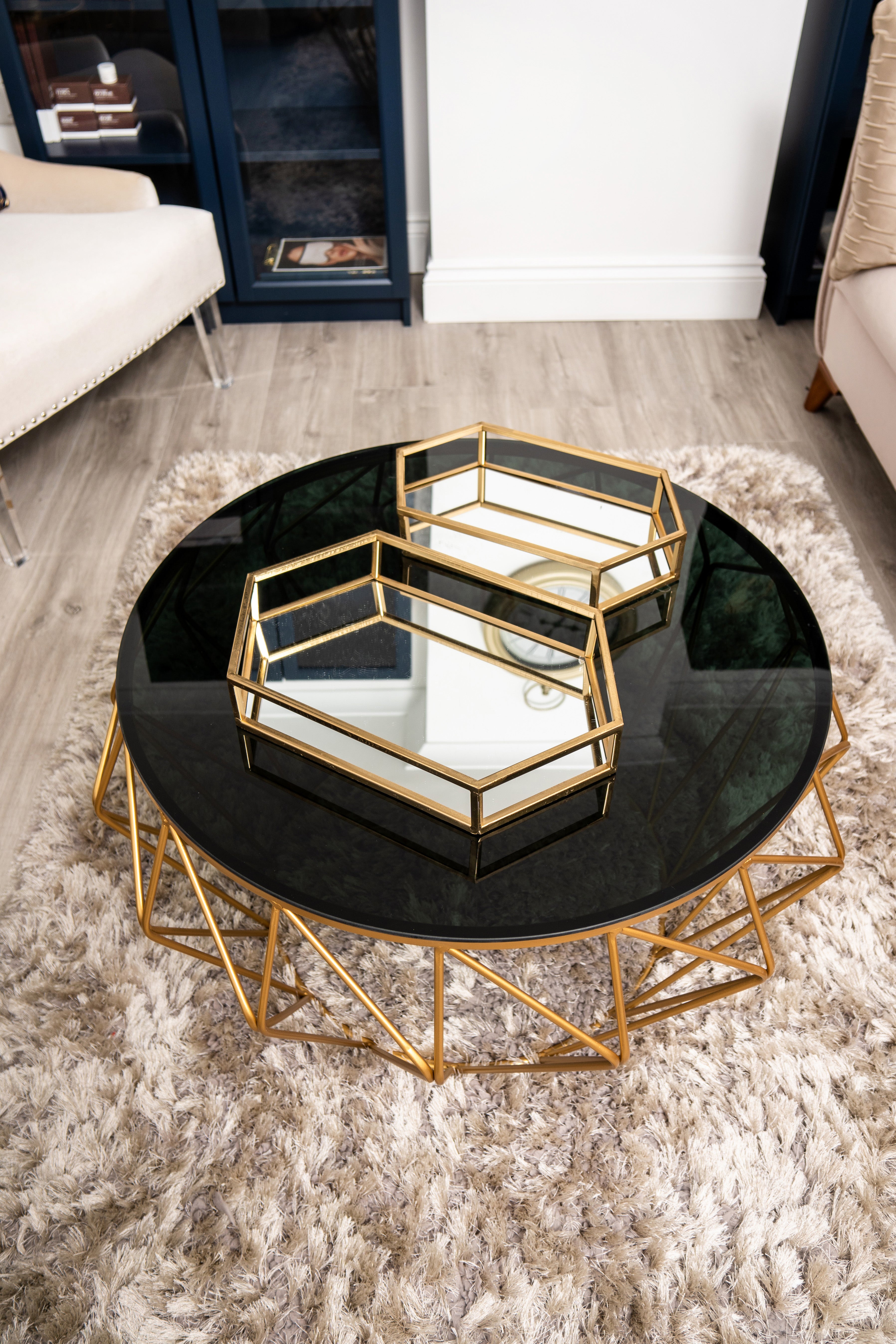 Vienna Black & Gold Metal Round Luxury Coffee Table- Art Deco Venus Collection Ready Assembled